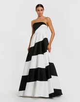 Black and White Striped Satin Strapless Ballgown